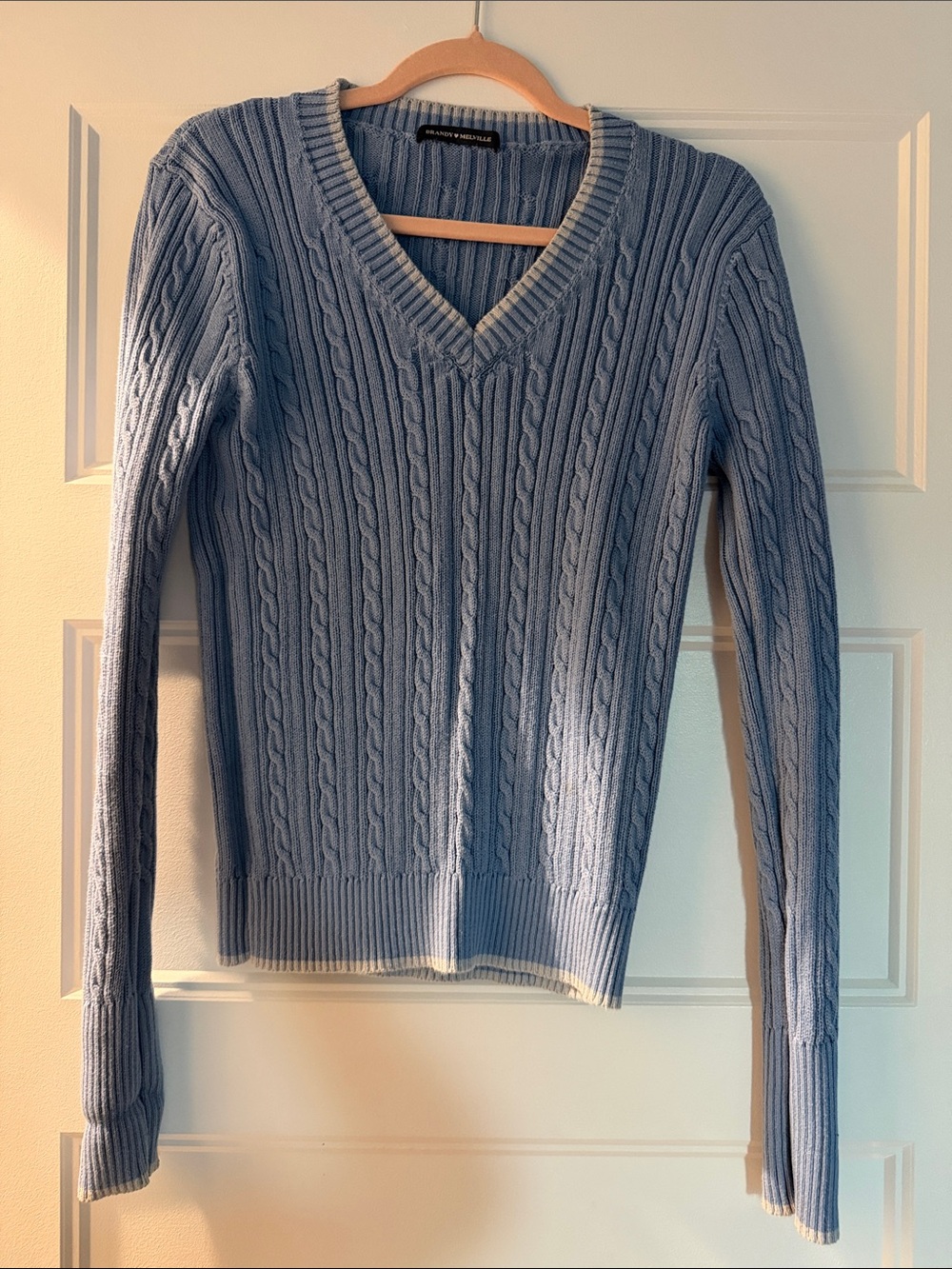 Brandy Melville Pale Blue Cable Knit V-Neck Sweater - Picture 2 of 4